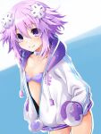  1girl blush breasts d-pad d-pad_hair_ornament hair_ornament hood hooded_jacket iwashi_dorobou_-r- jacket looking_at_viewer neptune_(neptune_series) neptune_(series) purple_hair short_hair small_breasts smile solo swimsuit swimsuit_under_clothes violet_eyes 