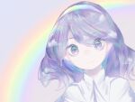  1girl absurdres bangs cape closed_mouth eyebrows_visible_through_hair face hairband highres indolent-anima_(xwxw8575) long_hair looking_at_viewer portrait purple_background purple_hair rainbow rainbow_gradient simple_background smile solo swept_bangs tenkyuu_chimata touhou violet_eyes white_cape 