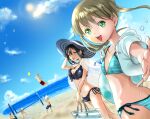  3boys 3girls black_hair black_star blonde_hair breasts brown_hair death_the_kid green_eyes hat long_hair looking_at_viewer maka_albarn multiple_boys multiple_girls nakatsukasa_tsubaki open_mouth ouen_sakura ponytail smile soul_eater soul_eater_(character) swimsuit twintails 