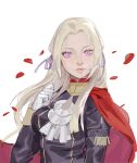  1girl absurdres blonde_hair breasts cape clenched_hand edelgard_von_hresvelg fire_emblem fire_emblem:_three_houses garreg_mach_monastery_uniform gloves hair_ornament hair_ribbon hand_up highres jestabocki long_hair long_sleeves looking_at_viewer petals red_cape ribbon simple_background solo upper_body violet_eyes 