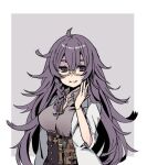  1225ka 1girl :d antenna_hair bangs belt_pouch border braid dorothy_(sinoalice) glasses hair_between_eyes labcoat long_hair long_sleeves looking_at_viewer open_mouth polo_shirt pouch purple_background purple_hair purple_shirt reality_arc_(sinoalice) shirt sinoalice smile solo violet_eyes 