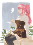  1girl absurdres bangs belt black_legwear bug butterfly fire_emblem fire_emblem:_three_houses flower garreg_mach_monastery_uniform grey_background highres hilda_valentine_goneril insect jestabocki lily_(flower) long_hair looking_at_animal pink_eyes pink_hair sidelocks sitting solo thigh-highs twintails white_butterfly 