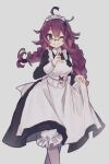  1225ka 1girl absurdres antenna_hair apron braid closed_mouth dorothy_(sinoalice) glasses grey_background hair_ornament hairpin highres holding holding_clothes holding_skirt index_finger_raised long_hair long_sleeves looking_at_viewer maid maid_apron maid_headdress one_eye_closed purple_hair simple_background sinoalice skirt solo twin_braids violet_eyes 