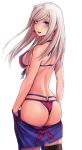  1girl :d american_flag_bikini applekun ass back bangs bikini blue_eyes breasts clothes_down earrings fate/grand_order fate_(series) flag_print from_behind hair_down halterneck highres jewelry large_breasts leaf long_hair looking_at_viewer looking_back maple_leaf miyamoto_musashi_(fate) open_mouth simple_background single_thighhigh smile solo straight_hair swept_bangs swimsuit thigh-highs white_background 