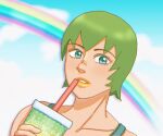  1girl blue_eyes blue_sky clouds cloudy_sky cup dated eyebrows_visible_through_hair foo_fighters green_hair holding holding_cup jojo_no_kimyou_na_bouken looking_at_viewer orange_lips parted_lips rainbow shadow short_hair sky solo stone_ocean tuna_719 
