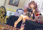  1girl absurdres aiden_rihiro anya_melfissa bangs barefoot blonde_hair brown_hair detached_sleeves dress hair_ornament highres hololive hololive_indonesia huge_filesize long_hair multicolored_hair open_mouth soles solo two_side_up violet_eyes virtual_youtuber wavy_hair 