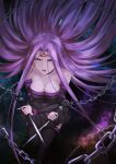  1girl ahoge bare_shoulders black_legwear bodysuit breasts chain fate/grand_order fate/stay_night fate_(series) fingerless_gloves gloves highres holding holding_weapon incoming_attack kiyakyuu large_breasts long_hair looking_at_viewer medusa_(fate) medusa_(rider)_(fate) open_mouth purple_hair skirt solo tattoo thigh-highs very_long_hair violet_eyes weapon 