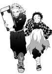  2boys closed_eyes earrings greyscale hakama haori highres holding japanese_clothes jewelry kamado_tanjirou kimetsu_no_yaiba long_hair long_sleeves maki_keigo male_focus monochrome multicolored_hair multiple_boys open_mouth rengoku_kyoujurou running scar scar_on_face simple_background thick_eyebrows 