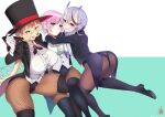  3girls akaya_shiki amulet aqua_hair ass blonde_hair blush braid fang fishnet_legwear fishnets gloves gradient_hair hair_ribbon hat highres horns hug multicolored_hair multiple_girls nijisanji nui_sociere oni_horns pink_hair pointy_ears ponytail purple_hair red_eyes ribbon rindou_mikoto short_hair skin_fang skindentation thigh-highs top_hat vest yuuhi_riri 