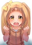  1girl alternate_hairstyle animal_hood blurry braid brown_hair bunny_hood ggyoku hands_up highres hood ichihara_nina idolmaster idolmaster_cinderella_girls long_hair open_mouth solo twin_braids upper_body 