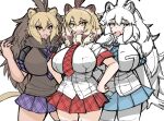  3girls alternate_breast_size animal_ears arm_at_side bangs barbary_lion_(kemono_friends) bare_arms black_shirt blonde_hair blue_eyes blue_neckwear blue_skirt bodystocking breast_pocket breasts brown_eyes brown_hair buttons cat_girl cowboy_shot dress_shirt eyebrows_visible_through_hair fang finger_to_mouth fur_collar hair_between_eyes hand_up hands_on_hips highres huge_breasts impossible_clothes impossible_shirt kemono_friends lion_(kemono_friends) lion_ears lion_girl lion_tail long_hair medium_hair miniskirt multicolored_hair multiple_girls nanoder necktie open_mouth plaid plaid_neckwear plaid_skirt plaid_sleeves plaid_trim pleated_skirt pocket purple_neckwear purple_skirt red_neckwear red_skirt shirt short_sleeves simple_background skirt smile sweater_vest tail tan two-tone_hair v-shaped_eyebrows very_long_hair white_background white_hair white_lion_(kemono_friends) white_shirt yellow_eyes 