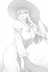  1girl alternate_costume artoria_pendragon_(fate) artoria_pendragon_(lancer)_(fate) breasts dress fate/grand_order fate_(series) greyscale hat highres large_breasts long_hair long_sleeves lvl_(sentrythe2310) monochrome sidelocks solo sun_hat 