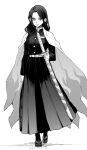  1girl alternate_costume belt breasts cape closed_mouth full_body greyscale hakama highres holding holding_sheath holding_sword holding_weapon japanese_clothes katana kimetsu_no_yaiba long_hair long_sleeves low-tied_long_hair maki_keigo monochrome rengoku_ruka sheath sheathed simple_background solo standing sword weapon 