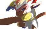  blue_eyes brown_fur closed_mouth colored_sclera gen_4_pokemon hand_up infernape kochi8i outstretched_arm pokemon pokemon_(creature) simple_background solo toes white_background yellow_sclera 