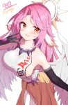  1girl absurdres angel angel_wings artist_name blush breasts commission crop_top darjeeling_(reley) elbow_gloves feathered_wings gloves gradient_eyes halo highres jibril_(no_game_no_life) large_breasts long_hair looking_at_viewer low_wings magic_circle multicolored multicolored_eyes no_game_no_life open_mouth orange_eyes pink_hair sideboob smile solo very_long_hair white_wings wing_ears wings yellow_eyes 