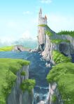  absurdres castle chagen_kokimu cliff clouds dated day grass highres no_humans original outdoors scenery shore signature sky tree water waterfall 