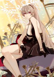  1girl azur_lane bangs bare_shoulders black_dress black_gloves breasts cross cross_earrings dress earrings gloves half_gloves high_ponytail highres jean_bart_(azur_lane) jean_bart_(uninhibited_bloodstone)_(azur_lane) jewelry large_breasts platinum_blonde_hair red_eyes sitting thigh_strap uyuyuun 