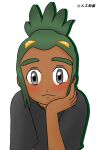  1boy cheek_rest green_hair grey_eyes hau_(pokemon) looking_at_viewer male simple_background solo white_background 