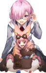 2girls bag baggy_clothes baggy_pants black-framed_eyewear black_shirt blush brown_legwear collared_shirt commentary_request eyebrows_visible_through_hair fate/grand_order fate_(series) glasses grey_jacket habetrot_(fate) hair_over_one_eye hat herigaru_(fvgyvr000) highres hood hood_down hooded_jacket jacket light_purple_hair long_hair long_sleeves mash_kyrielight multiple_girls necktie one_eye_covered open_clothes open_jacket open_mouth pants pantyhose pink_eyes pink_hair pink_headwear pointy_ears red_neckwear satchel shirt short_hair sidelocks simple_background sitting sitting_on_person size_difference smile teeth violet_eyes white_background 