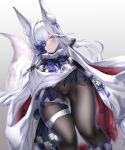  1girl absurdres animal_ears aqua_eyes ass_visible_through_thighs azur_lane bangs black_bodysuit blurry blush bodysuit clothes_lift commentary_request depth_of_field eyebrows_visible_through_hair fox_ears fox_girl fox_tail from_below groin hair_ornament hair_over_one_eye highres japanese_clothes kasumi_(azur_lane) lifted_by_self long_hair looking_at_viewer looking_down retrofit_(azur_lane) ribbon-trimmed_sleeves ribbon_trim shinka_(user_rcem8835) sidelocks simple_background skin_tight solo tail white_hair wide_sleeves x_hair_ornament 