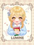  1girl absurdres blonde_hair book character_name child flower fukuro_ko_(greentea) genshin_impact hair_flower hair_ornament hairclip highres holding holding_book looking_at_viewer lumine_(genshin_impact) open_mouth short_hair solo upper_body yellow_eyes younger 