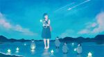 1girl animal bangs bare_legs barefoot bird black_dress blue_hair blue_theme clouds cloudy_sky dress glowing holding holding_animal holding_bird long_hair original outdoors penguin pleated_dress red_bag sky solo standing star_(symbol) tabisumika wide_shot 