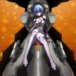  1girl ayanami_rei bangs blue_eyes blue_hair bodysuit breasts cross_akiha eyebrows_visible_through_hair hair_between_eyes interface_headset looking_at_viewer medium_breasts neon_genesis_evangelion plugsuit red_eyes short_hair solo white_bodysuit 