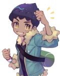  1boy bag black_shirt blue_jacket blush bright_pupils clenched_hands commentary_request dark-skinned_male dark_skin duffel_bag dynamax_band fur-trimmed_jacket fur_trim green_bag grin hop_(pokemon) jacket male_focus notice_lines open_clothes open_jacket pokemon pokemon_(game) pokemon_swsh purple_hair shirt short_hair simple_background sleeves_past_elbows smile solo white_background white_pupils yamunashi yellow_eyes 
