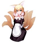  1girl absurdres alternate_costume animal_ears arknights bare_shoulders beudelb black_dress blonde_hair braid commentary cowboy_shot dress eyebrows_visible_through_hair fox_ears fox_girl fox_tail green_eyes hair_between_eyes hand_to_own_mouth highres korean_commentary looking_at_viewer maid multicolored_hair multiple_tails off-shoulder_dress off_shoulder oripathy_lesion_(arknights) short_hair_with_long_locks simple_background solo streaked_hair suzuran_(arknights) tail white_background white_hair 