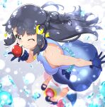  1girl ;) bangs bare_arms beads blue_dress blue_footwear blue_gloves blurry closed_mouth commentary_request crescent crescent_hair_ornament hikari_(pokemon) dress eyebrows_visible_through_hair eyelashes floating_hair gloves gradient_dress grey_eyes grey_hair hair_ornament high_heels holding holding_poke_ball kohsaka_jun long_hair one_eye_closed poke_ball pokemon pokemon_(anime) pokemon_swsh_(anime) shiny shiny_skin sidelocks sleeveless sleeveless_dress smile sparkle 