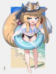  1girl animal_ear_fluff animal_ears bare_legs bare_shoulders barefoot beach bikini black_bikini black_bow bow brown_hair brown_headwear collarbone commentary commission ears_through_headwear fox_ears fox_girl fox_tail full_body hair_bobbles hair_ornament hat hat_bow highres innertube kuro_kosyou long_hair looking_at_viewer low_twintails original sand see-through short_eyebrows side-tie_bikini skeb_commission solo standing sun_hat swimsuit tail thick_eyebrows twintails very_long_hair water 