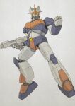  clenched_hand facing_viewer full_body govarian gun holding holding_gun holding_weapon mecha nagai_gou_(style) no_humans psycho_armor_govarian satsuki_jin simple_background standing weapon yellow_eyes 