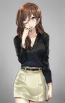  1girl belt bracelet brown_hair cowboy_shot earrings glasses gradient gradient_background green_eyes grey_background hair_over_one_eye hero-san_to_moto_onna_kanbu-san highres honey_trap_(hero-san_to_moto_onna_kanbu-san) jewelry over-rim_eyewear pencil_skirt red_nails semi-rimless_eyewear skirt slit_pupils solo somechime_(sometime1209) 