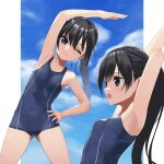  1girl alternate_hairstyle asashio_(kancolle) black_hair blue_eyes blue_sky blue_swimsuit clouds commentary_request cowboy_shot exercise flat_chest highres kantai_collection kuronaga long_hair looking_at_viewer multiple_views ponytail school_swimsuit sky standing swimsuit upper_body 
