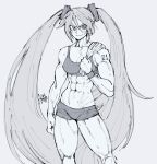  1girl abs biceps breasts clenched_hands english_commentary gabriel_ales greyscale gym_shorts hatsune_miku highres long_hair medium_breasts monochrome muscular muscular_female serious shorts shoulder_tattoo solo sports_bra sportswear standing sweat tattoo thick_thighs thighs towel towel_on_one_shoulder twintails very_long_hair vocaloid wristband 