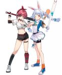  absurdres animal_ear_fluff animal_ears bangs baseball_bat baseball_cap bike_shorts blue_hair braid crop_top eyebrows_visible_through_hair eyepatch hair_ornament hat highres hololive homura910210 houshou_marine long_hair looking_at_viewer midriff multicolored_hair multiple_girls navel rabbit_ears rabbit_girl redhead ribbon shirt sportswear thick_eyebrows twin_braids twintails two-tone_hair uniform usada_pekora virtual_youtuber white_hair 