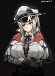  1girl absurdres akasaka4005 black_background black_gloves blonde_hair breasts capelet gloves graf_zeppelin_(kancolle) hair_between_eyes hat highres iron_cross kantai_collection large_breasts long_sleeves military military_uniform necktie peaked_cap sidelocks solo twintails uniform upper_body violet_eyes 