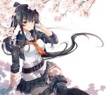  1girl belt belt_buckle black_belt black_hair black_legwear black_sailor_collar blush brown_eyes buckle buttons cherry_blossoms closed_mouth collared_shirt eyebrows_visible_through_hair gloves grey_skirt hair_between_eyes ichinomiya_(blantte) kantai_collection long_hair necktie orange_neckwear petals pleated_skirt ponytail remodel_(kantai_collection) sailor_collar shirt single_thighhigh skirt smile solo thigh-highs white_gloves white_shirt yahagi_(kancolle) 