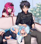  1boy 2girls artist_name bangs black_dress black_hair black_shirt blue_eyes blush breasts closed_eyes clothing_cutout command_spell couch dress eyebrows_visible_through_hair fairy_knight_tristan_(fate) fate/grand_order fate_(series) fujimaru_ritsuka_(male) grey_eyes hair_ornament hand_on_another&#039;s_head highres hirasawa_seiji large_breasts long_hair looking_at_another lying_on_person morgan_le_fay_(fate) multiple_girls navel no_panties on_couch pink_hair plant pointy_ears red_dress shirt short_hair sideboob signature silver_hair stomach stomach_cutout translation_request twitter_username 