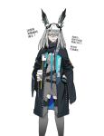  absurdres alternate_costume animal_ears arknights capelet chinese_text coffee_cup cup disposable_cup frostnova_(arknights) grey_eyes hand_in_pocket highres id_card infection_monitor_(arknights) jacket necktie one_eye_covered rabbit_ears rabbit_girl scar scar_on_face scar_on_nose sweater translation_request white_hair yuyanshu13 
