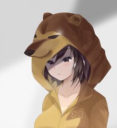  1girl :&lt; animal_costume bangs black_hair bone_print breasts brown_eyes brown_hoodie cheemsburger_(doge) closed_mouth collarbone commentary_request cosplay dog_costume doge grey_background highres hood hood_up hoodie kein_(hwfx7488) large_breasts meme multicolored multicolored_hoodie original short_hair simple_background solo upper_body 