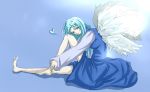  angel barefoot blue_hair dress heart sariel sitting smile thighs touhou touhou_(pc-98) wings 