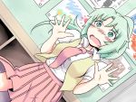  dutch_angle green_eyes green_hair hands higurashi_no_naku_koro_ni long_hair necktie outstretched_hand picture sonozaki_mion surprised yoekosukii 