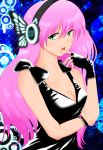  bow breasts butterfly cleavage fingerless_gloves gloves green_eyes headphones long_hair magnet_(vocaloid) megurine_luka pink_hair skin_tight vocaloid 