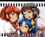  blue_hair brown_hair green_eyes gunbuster headband jung_freud moyo58 red_hair smile takaya_noriko top_wo_nerae! wink 