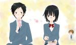  :3 black_hair blonde_hair blue_eyes blush bob_cut breasts durarara!! flower glasses juice_box kida_masaomi mouth_hold obento red_eyes ryuugamine_mikado school_uniform short_hair sonohara_anri 