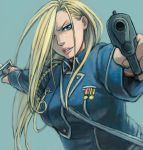  blonde_hair blue_eyes dual_wielding fullmetal_alchemist gun hair_over_one_eye handgun lips long_hair military military_uniform mukuo olivier_armstrong olivier_mira_armstrong pistol pov_aiming simple_background smile solo uniform weapon 