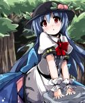  bad_hands blue_hair favfavver2 food forest fruit hat hinanawi_tenshi leaning_forward long_hair nature peach red_eyes ribbon solo stone touhou tree wrist_cuffs 