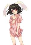  black_hair blush bunny_ears collarbone covering covering_crotch dress_pull dress_tug inaba_tewi rabbit_ears red_eyes short_hair solo torazou touhou 