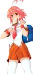  aino_heart arcana_heart backpack bread bread_in_mouth brown_eyes orange_skirt pink_hair school_uniform schoolgirl 
